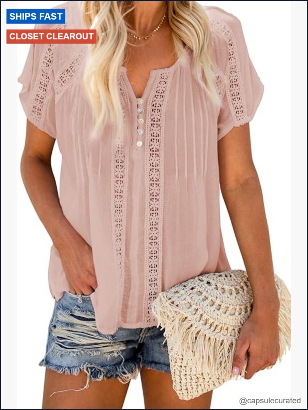 V Neck Lace Crochet Eyelet Short Sleeve Blouse Shirt